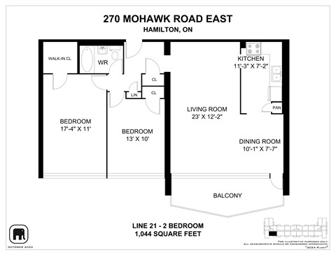 A floor plan for a home at 270 Mohawk Road East in Hamilton, ON, showing the layout of the bedrooms, living room, kitchen, dining room, and balcony.